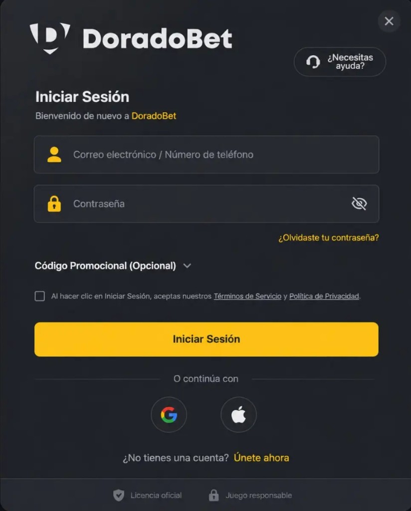 DoradoBet login: formulario de acceso con correo, contrasena y opciones Google y Apple